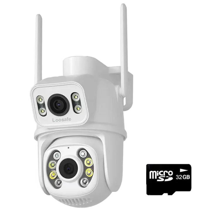Camera de supraveghere dubla WIFI Loosafe® Master Eye, interior/exterior, 8MP, Ultra HD, 5X zoom, rotire, leduri lumina, comunicare bidirectionala, alarma, senzor miscare, Alb