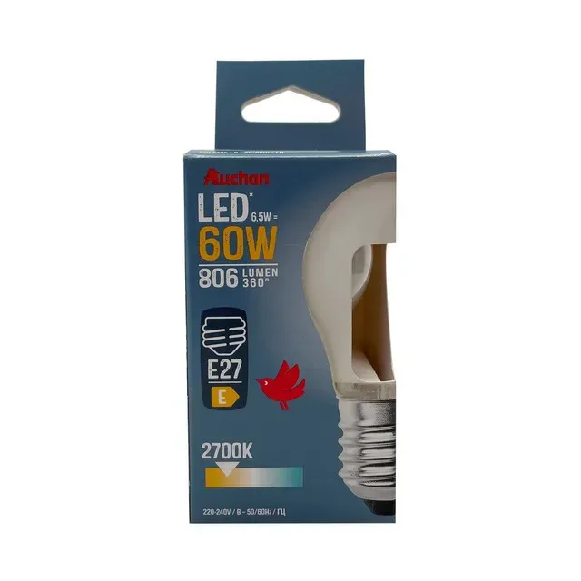 Bec LED Auchan, E27, 6.5 / 60 W, lumina calda