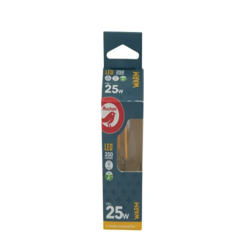 Bec LED AUCHAN 2.5W E14 EQ 25W filament C37, lumina calda