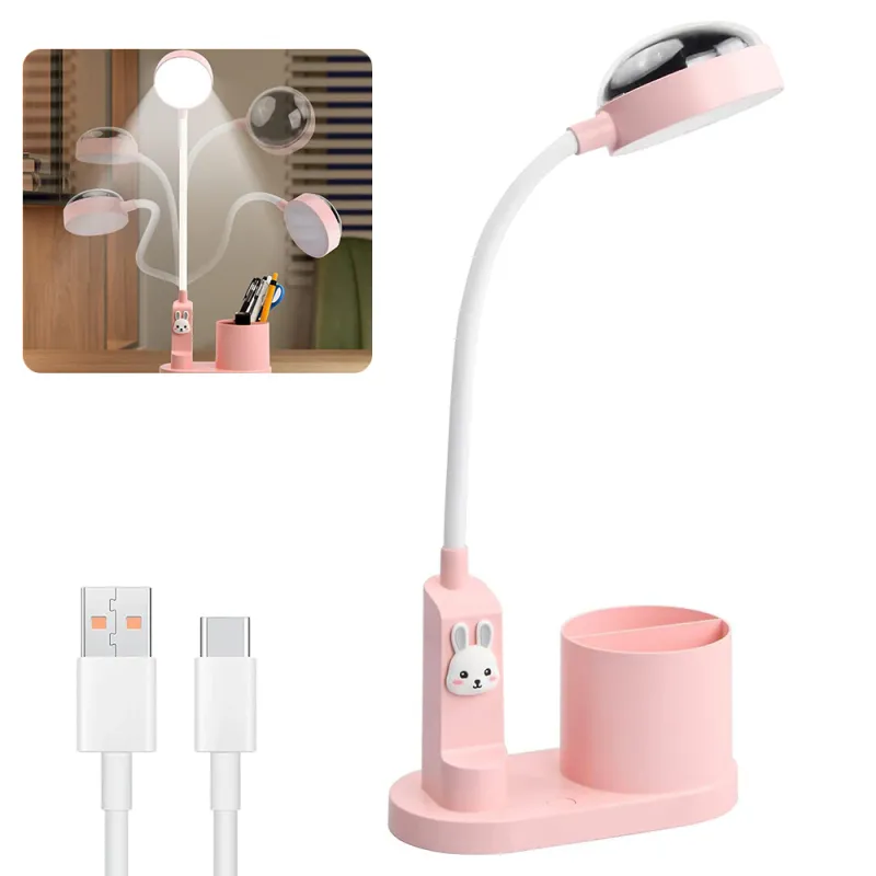 Lampa de birou pentru copii, Lampa LED, portabila, cu proiector, cu suport instrumente birou, acumulator 2000 mAh, reincarcabila USB tip C, roz
