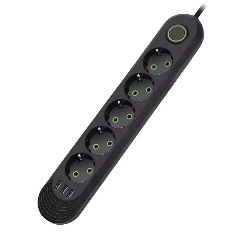 Prelungitor cu 5 prize si 3 porturi USB NEXTLY, intrerupator, suport de agatare, rezistent la temperaturi ridicate, cablu 3m, 2500W, negru