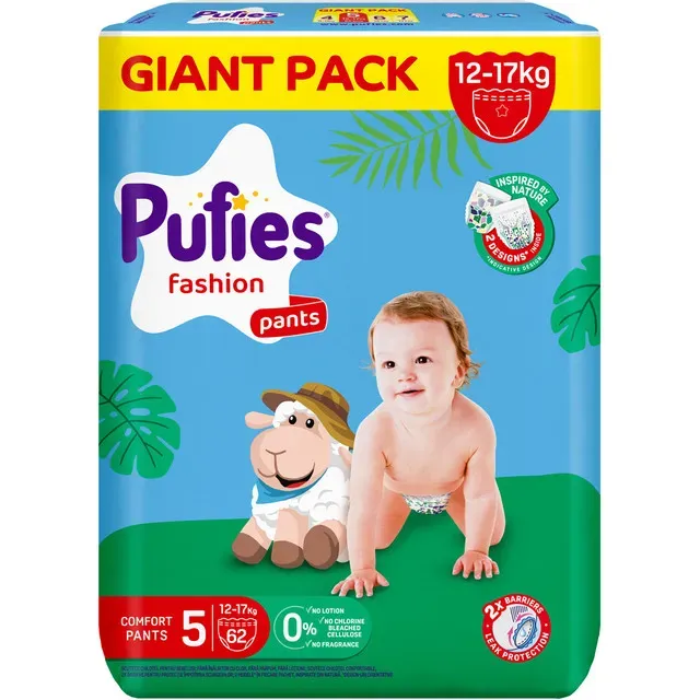 Scutece Chilotel Pufies Fashion & Nature Giant Pack, marimea 5, 12-17 kg, 62 bucati