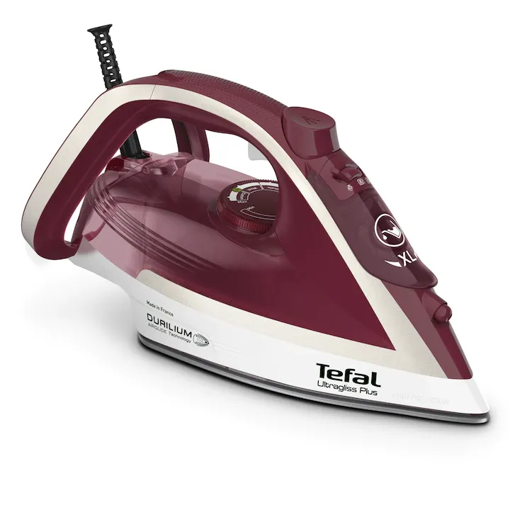 Fier de calcat Tefal Ultragliss Plus FV6810E0, 2800W, jet de abur 250 g/ min, abur variabil 0-50g/min, rezervor apa 270 ml, talpa Durilium AirGlide, functie anti-calcar, visiniu/alb