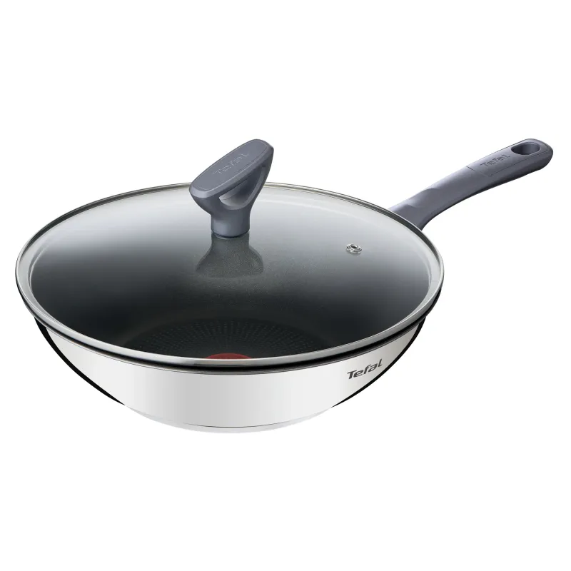 Tigaie wok cu capac Tefal Daily Cook, 28 cm, inductie, invelis antiaderent din titan, indicator Thermo-Signal, argintiu & negru