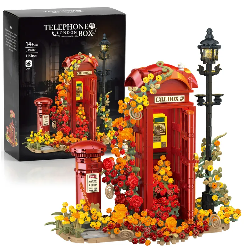 Set de constructie cabina telefonica, Excitat®, Poveste de pe strazile Londrei, 1142 Piese, cutie postala rosie, trandafir rosu, portocaliu, compatibil cu lego, Cadou pentru Ziua Indragostitilor