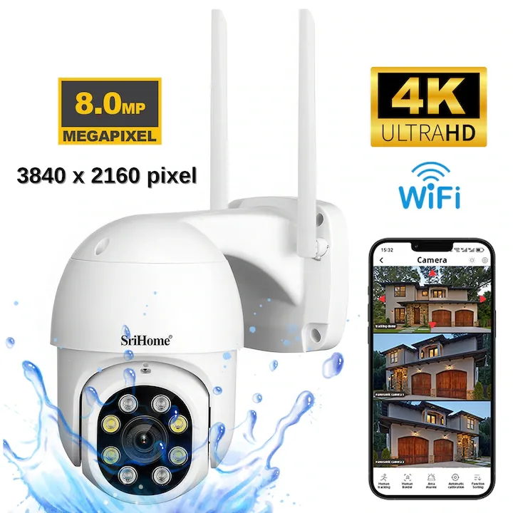 Camera De Supraveghere Video WIFI CCTV Sricam™ SP028 PRO, 8 MP 4K, Interior / Exterior, 4X zoom, Rezistenta La Apa, Comunicare Bidirectionala, Senzor Miscare, Lampi Lumina, Alb