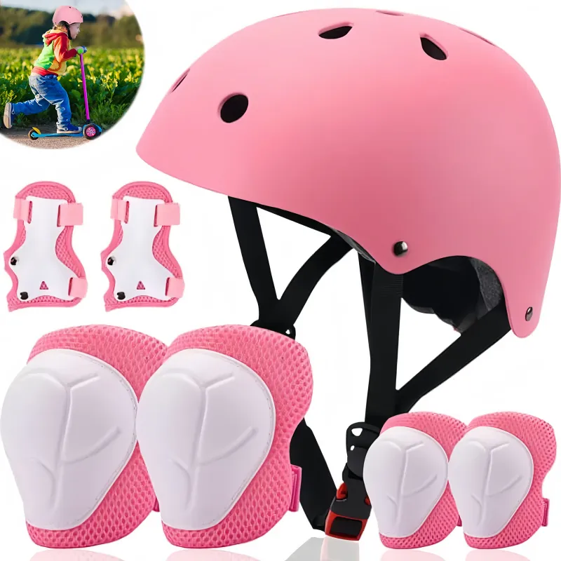 Set 7 Casca de protectie sport copii, Wacorresi, Casca bicicleta, protectie pentru copii cu casca reglabila, genunchiere, cotiere, protectii pentru incheietur, 3-8 ani, Roz