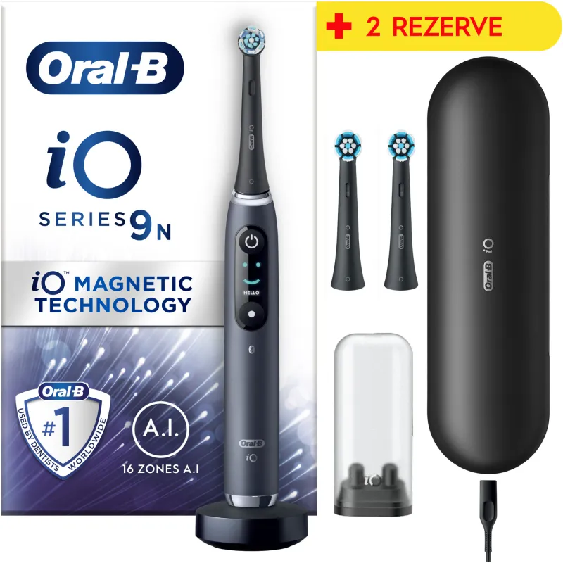 Periuta de dinti electrica Oral-B iO9 cu Tehnologie Magnetica si Micro-Vibratii, Inteligenta artificiala, Display led, Senzor de presiune Smart, 7 moduri, 1 capat, Suport rezerve, Trusa de calatorie cu incarcator, Negru + 2 capete de periaj