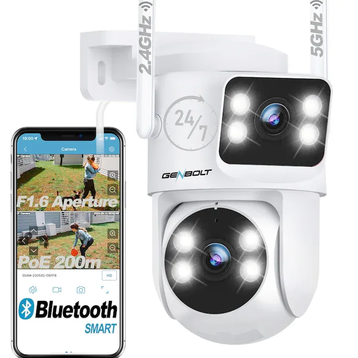 Camera de supraveghere Wireless GENBOLT® Cu 2 Obiective, 4MP, Exterior/interior, 2.4/5.8Ghz WIFI, DC/PoE, Smart Tracking, culoarea vederii nocturne, comunicare bidirectionala, Comunicare Bidirectionala, Detectare umana, Alarma sonora si luminoasa, Alb