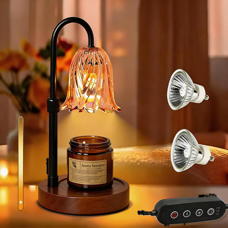 Lampa de Masa Pentru Incalzit lumanari cu timer, Tressino, Comutator Inteligent, Usor de Utilizat, Pentru Incalzirea lumanarilor Parfumate, Dormitor, Birou, Club, Pub, Lumina Naturala si Moal, 50W, 2 Becuri Halogen, Culoare Nuca
