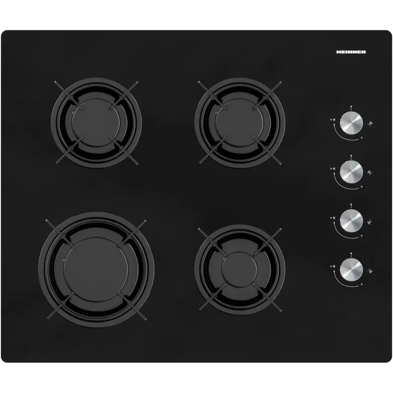 Plita incorporabila Heinner HBH-M402IEGBK, Gaz, 4 arzatoare, Aprindere electrica, Dispozitiv de siguranta, 60 cm, Sticla neagra