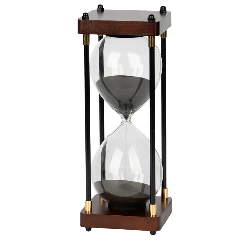 Clepsidra mare cu durata de 60 de minute, din lemn, nisip negru, 25x9.5cm, Pentru camera de zi, dormitor, birou, camera de studiu, Negru