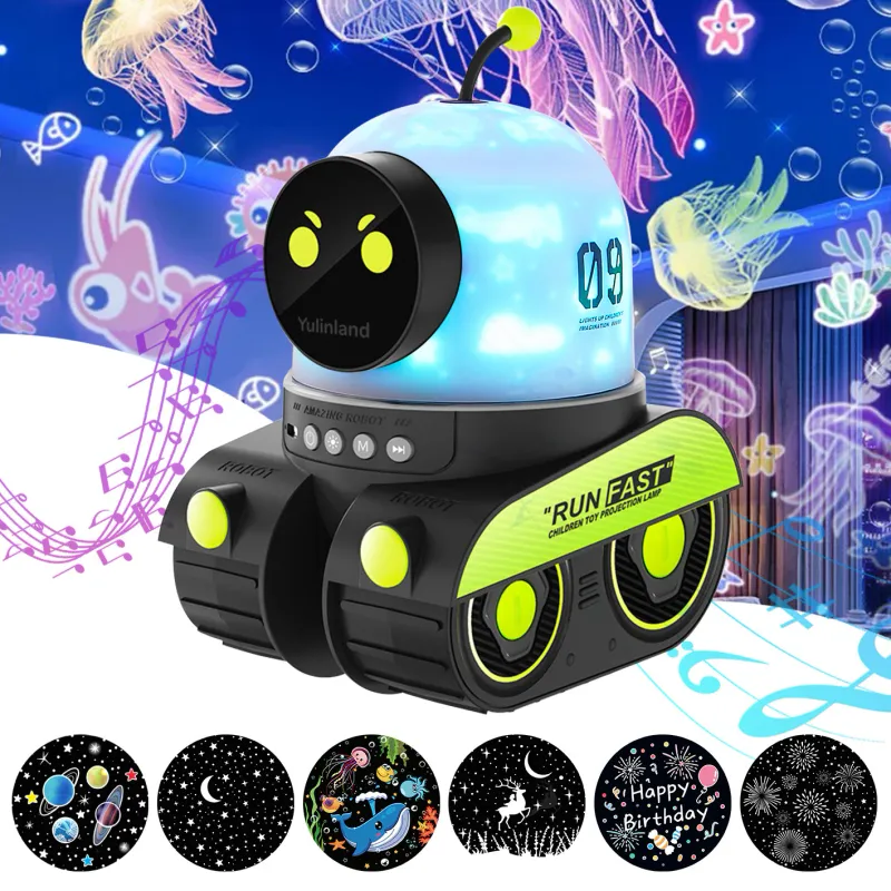 Robot Proiector cer Instelat, Yulinland®, Cutie muzicala electronica, 6 filme de proiectie, 12 melodii, Model rotativ, Nivel deluminozitate 3, 1200mAh, Alimentare USB, Alb
