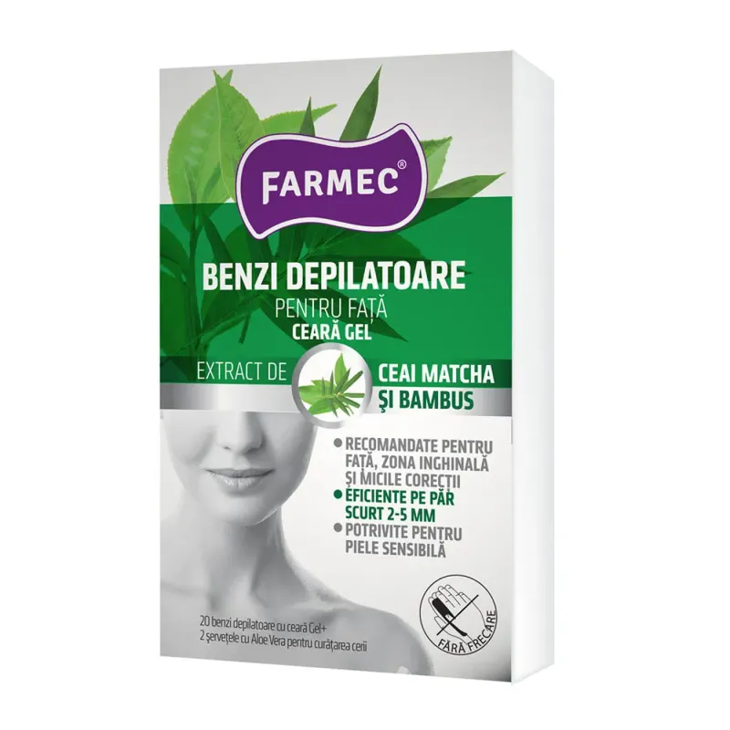 Benzi depilatoare pentru fata Farmec cu extract de ceai matcha si bambus 20 bucati + 2 servetele cu aloe vera