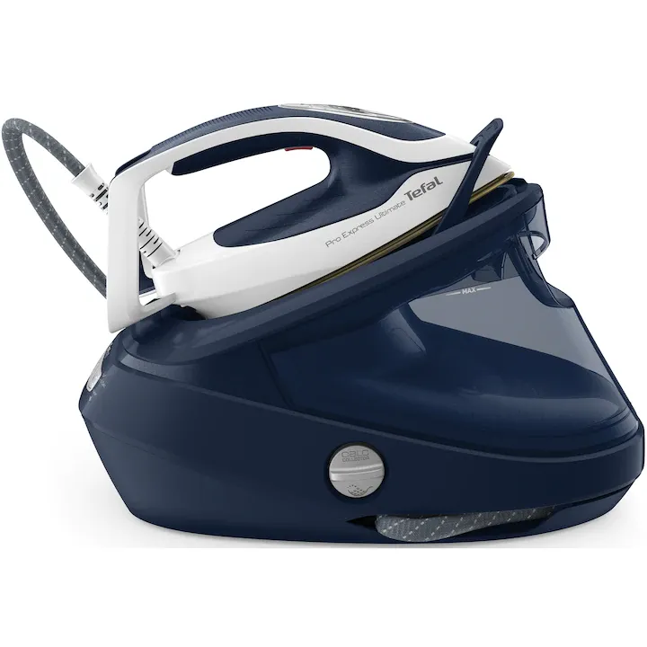 Statie de calcat cu boiler de inalta presiune Tefal Pro Express Ultimate GV9720E0, 3000W, 8 bari, jet de abur 590 g/min, talpa Durilium Airglide Autoclean, rezervor 1.2L, umplere continua, 3 setari de temperatura, albastru