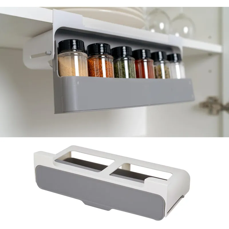 Organizator pentru 7 recipiente, Hggzeg, Montare sub raft, Cu carlige de agatat, Fara gaurire, Material antiderapant, Durabil, Robust, Detasabila, Usor de curatat, Pentru bucatarie, 32 x 13.5 x 9.3cm, PP, Alb/Gri