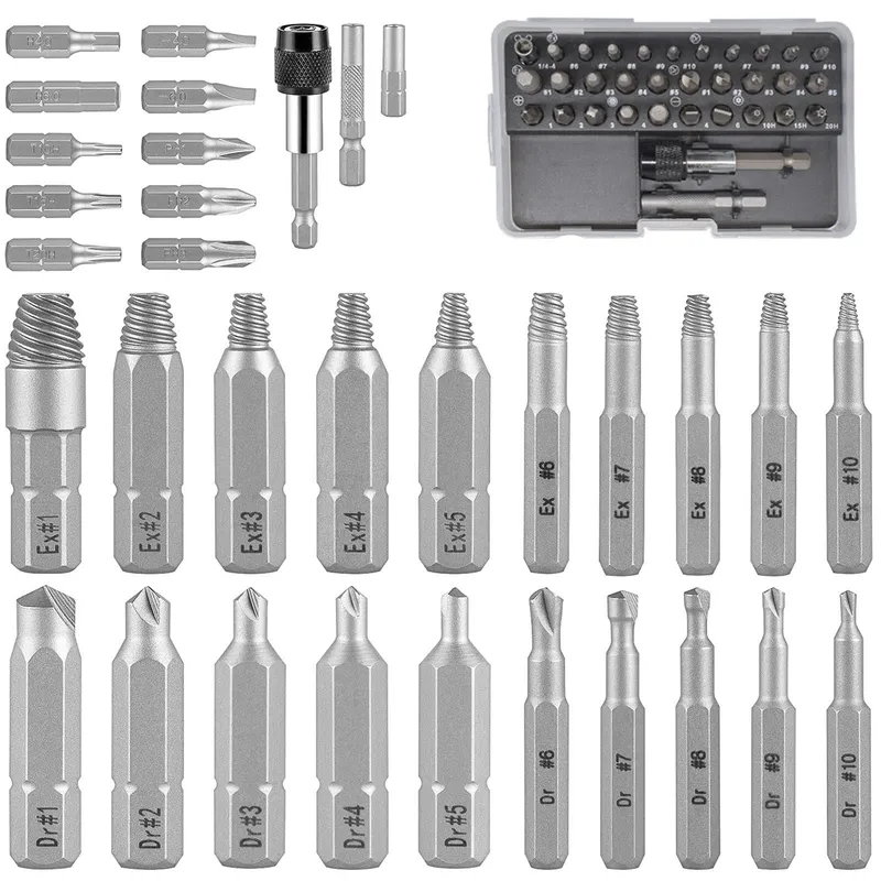 Set 33 extractoare suruburi multifunctional, SINBINTA, Set Extractor Suruburi Stricate, Cu cutie depozitare, Usor de utilizat si de transportat, Reutilizabile, Pentru suruburi rupte si deteriorate, Metal, Argintiu