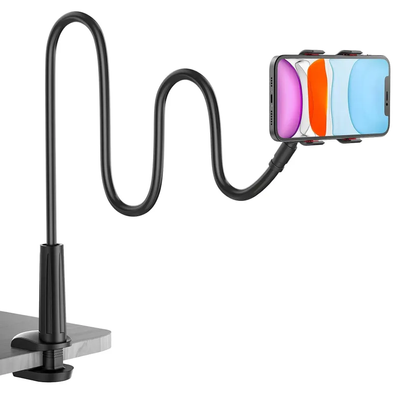 Suport telefon, Hggzeg, Flexibil, Reglabil, Cu brat lung si clip de prindere rotativ 360°, Universal, Prindere pentru masa sau birou, Usor de montat si pozitionat, Metal, 80cm, Negru