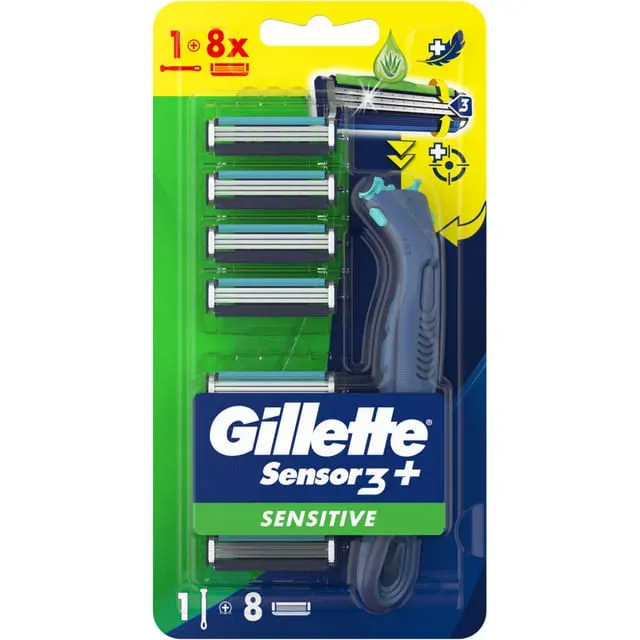 Aparat de ras Gillette Sensor 3+ Sensibil Refilabil, maner ergonomic + 8 rezerve
