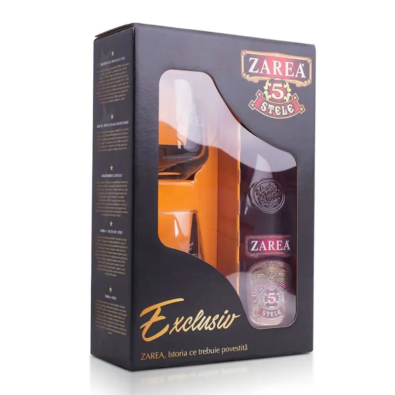Pachet pentru cadou bautura spirtoasa Zarea 5 Stele Exclusive + 2 pahare, 0.5 l