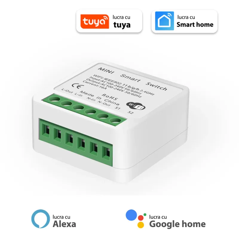 Comutator/Releu inteligent WIFI, aplicatie Smart Life/Tuya, cu functie de programare si temporizare, compatibil cu Alexa/Google Home/Tmall Genie, 16A, Alb