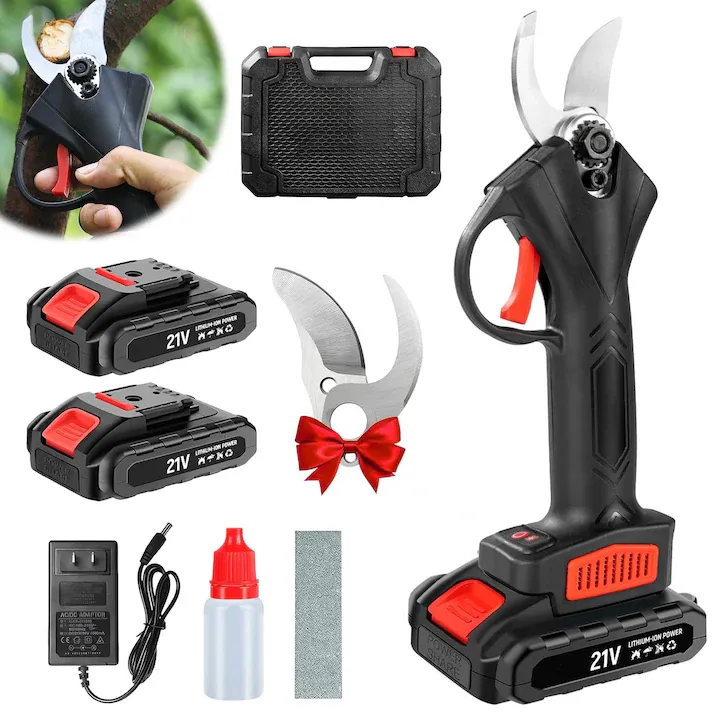 Foarfeca Electrica pentru Gradinarit, 2 acumulatori 21 V, putere maxim 800 W, cu Lama din Otel Carbon, incarcator, latime taiere 0-30mm, Accesorii si Valiza, design modern, rosu