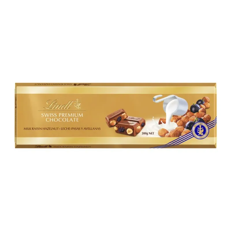 Ciocolata cu lapte, stafide si alune Lindt Gold, 300 g