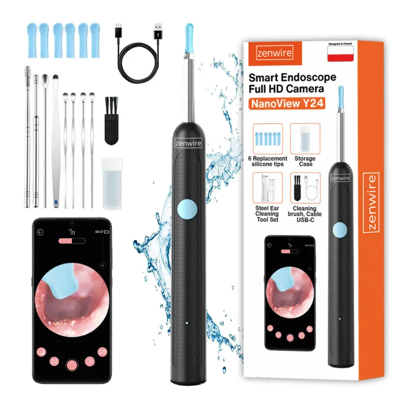 Endoscop otoscopic pentru urechi, Zenwire, WiFi SMART, camera HD, 6 LED-uri, curatare cerumen, control prin aplicatie, baterie USB-C reincarcabila, compatibil Android/iOS, Negru