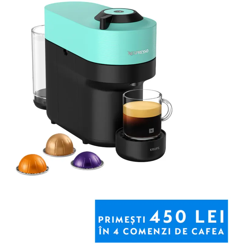 Espressor Nespresso by Krups Vertuo Pop XN920410, 1500W, 19 Bar, Centrifusion™, Conectare la telefon, 0.6L, Mint, set capsule degustare inclus