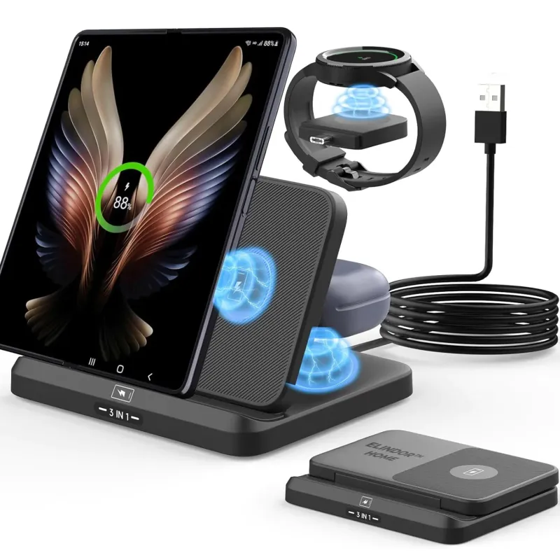 Incarcator Wireless Portabil 3 In 1 Elindor®, 15W Qi Fast Charger, Statie de Incarcare, Stand Pliabil de Birou, Charging Station pentru Galaxy Watch, Galaxy Buds, Telefon Compatibil iPhone, Samsung Z Fold, Incarcatoare fara Fir, Negru