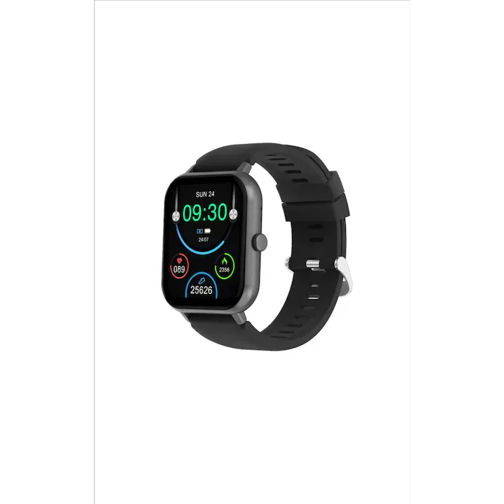 Ceas Smartwatch Negru, compatibil iOS/Android, Bluetooth 5.0, Asistent vocal AI, Monitorizare somn/fitness/ritm cardiac/calorii/respiratie, memento de apel, raspuns la apel, mesaj push, notificari retele sociale