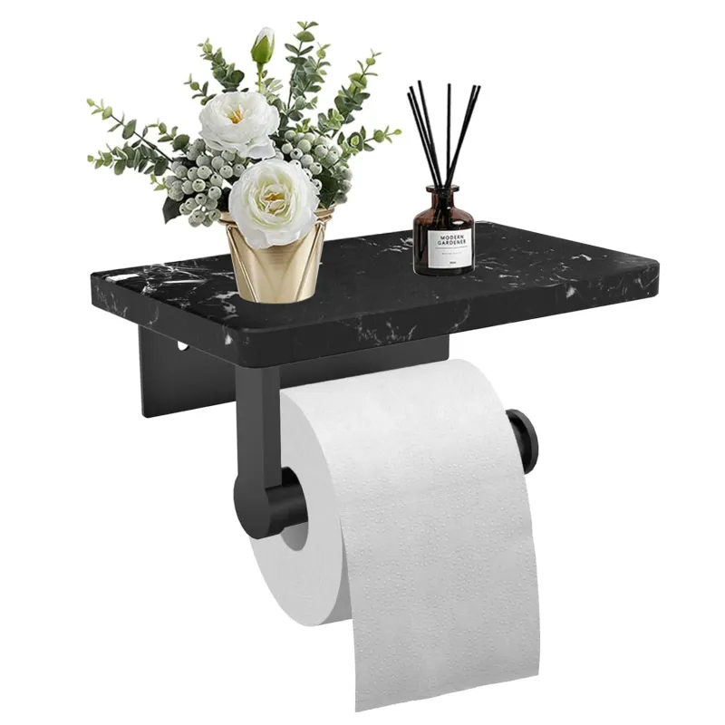 Suport hartie Igienica, JFYU, cu Raft din Marmura, Design Modern si Fara Perforare, Accesorii Multifunctionale, Pentru Casa, Magazin, Bar, Hotel, Negru