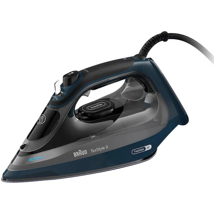Fier de calcat Braun TexStyle 9 SI9682DB, 3200W, jet de abur 260g/min, abur variabil 0-60 g/min, talpa EloxalPlus, sistem ActiClean, rezervor 330 ml, tehnologie FreeGlide 3D, oprire automata, sistem antipicurare, negru/albastru