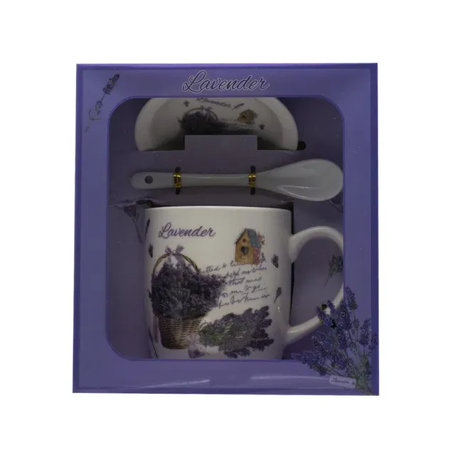 Cana cu farfurie si lingura din ceramica Aromaland, model lavanda, 300 ml