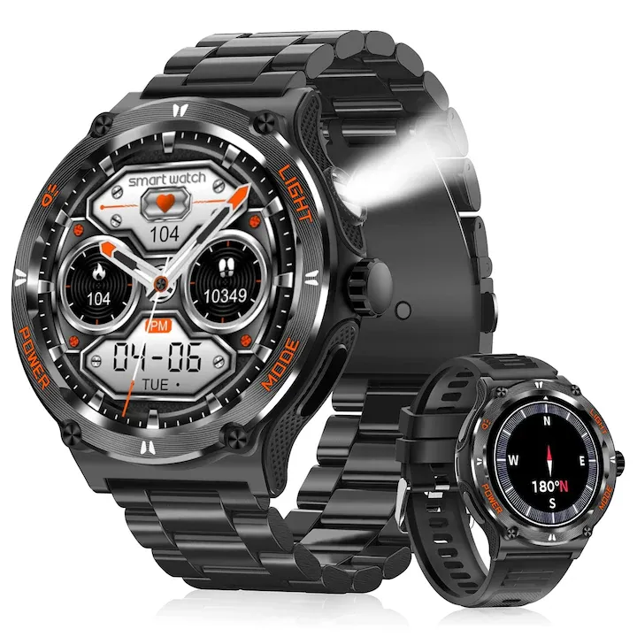 Ceas Smartwatch Barbati Militar FOSMET®, 1.53” Ceas Sport in Aer Liber, Echipat cu Lumina Puternica LED (3 Moduri Lanterna), Busola, Monitor Ritm Cardiac 24h, Durata de Viata A Bateriei 500mAh, 3ATM Ceas Fitness Impermeabil, 100+ Moduri Sportive, Negru