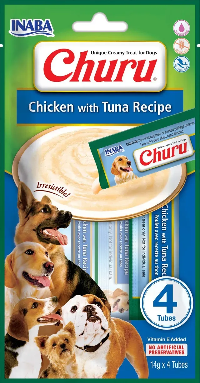 Recompense cremoase pentru caini Inaba Churu, pui si ton, 4 x 14 g