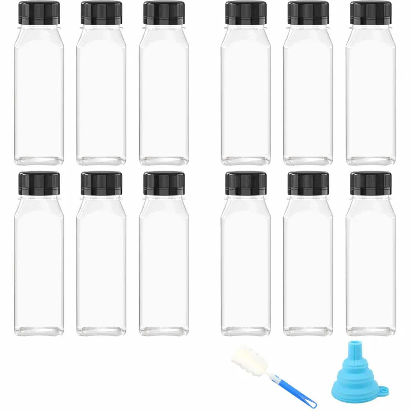 Set 12 Sticle cu Capac, SINBINTA, 350ml, Capac filetat, Cu palnie, 2 stikere si Perie curatare incluse, Fara BPA, Inodor, Anti-varsare, Pentru bauturi racoritoare, sucuri, lapte, smoothie, Plastic, 160*53.5mm, Transparent