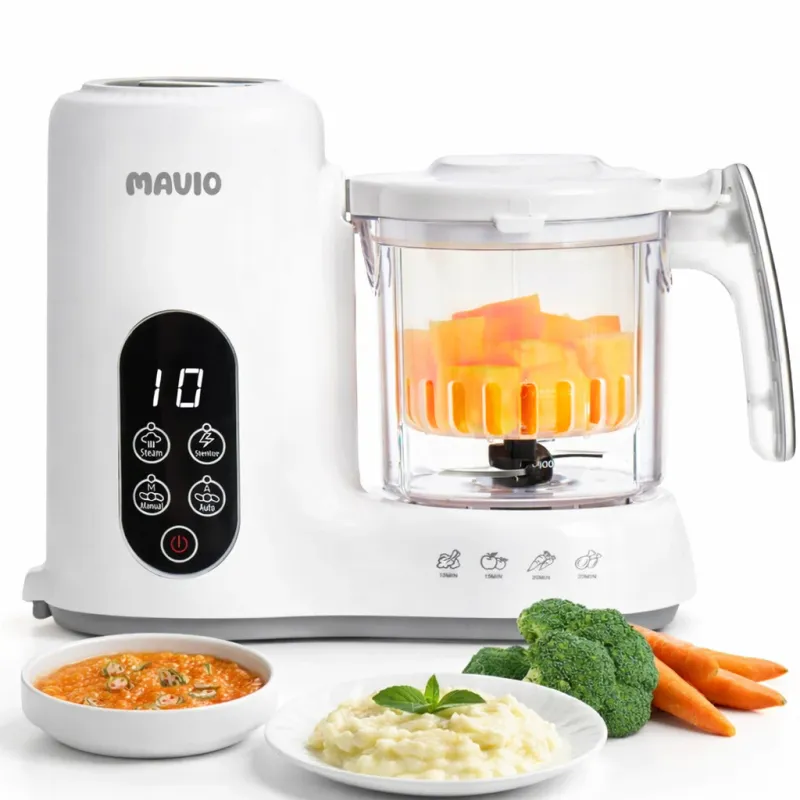 Aparat Gatit la Abur pentru Bebelusi Mavio®, 4-in-1, Gatire, Mixare, Sterilizare & Reincalzire, Lama din otel inoxidabil, 600 ml, Detasabil si Lavabil, 300W, Auto Blend, BPA Free, Alb