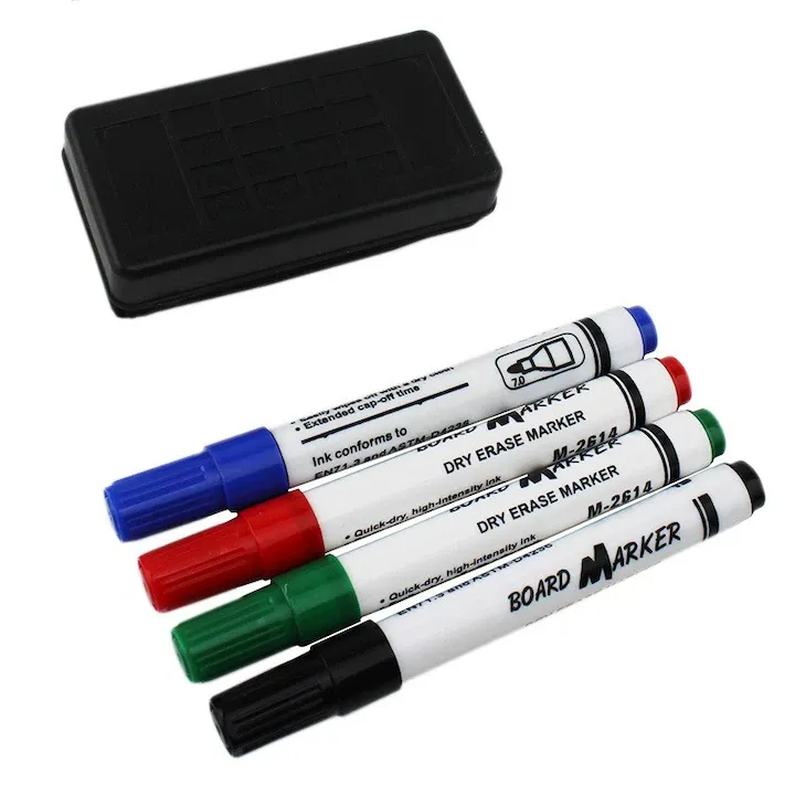 Set 4 markere si burete pentru tabla magnetica, ProCart®, uscare rapida, varf 3 mm