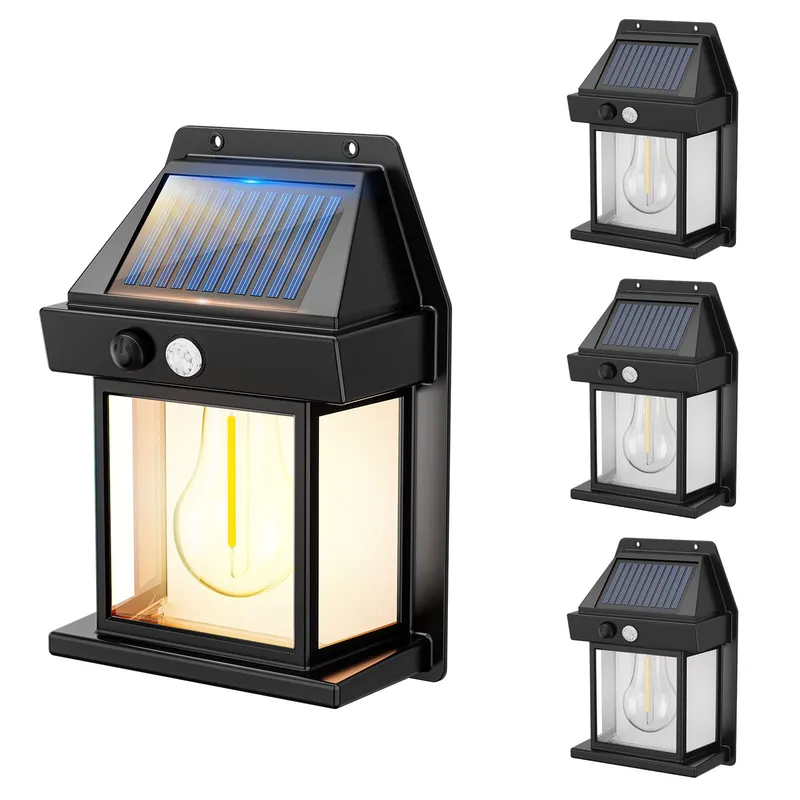 Lumini solare pentru gard, Set de 4, Senzor de miscare, 3 moduri de iluminare, Amurg pana in zori, IP65 rezistent la apa, 600LM, 1200 mAh, plastic, Lumini solare de exterior pentru terasa, Veranda, Garaj, Negru/transparent