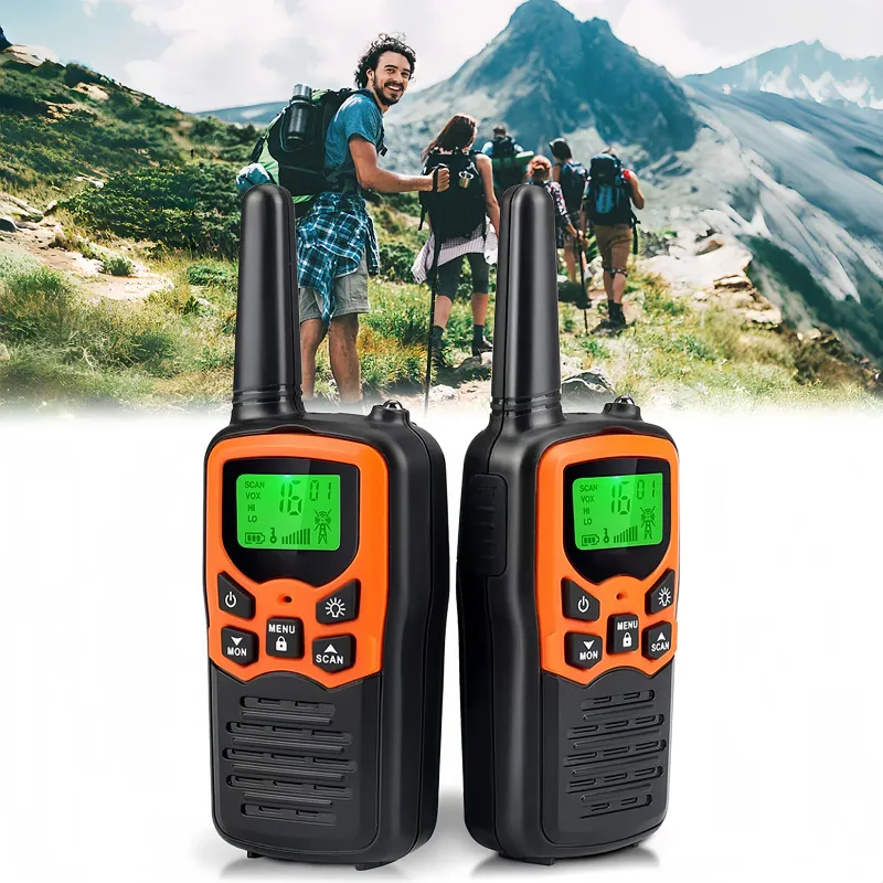 Statie radio portabila emisie receptie, RorAem, cu Set 2 statii walkie-talkie, Raza De Comunicare Pana La 8 Km, 8 Frecvente Canale Cu 99 CTCSS, cran LCD, Baterie reincarcabila, Incarcator USB de birou si casca cu microfon, distanta lunga, portocalie