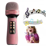 Microfon karaoke wireless, Wacorresi, Microfon wireless karaoke pentru copii, cu acumulator, boxa inclusa, Radio FM, TF card, USB, inregistrare muzica, cip Bluetooth 5.0, Roz