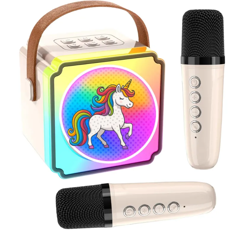 Boxa Karaoke pentru Copii cu 2 Microfoane Wireless, Lumini RGB, Bluetooth 5.3, Efecte Vocale Amuzante, Compatibilitate universala, Crem, PacFullTech