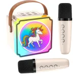 Boxa Karaoke pentru Copii cu 2 Microfoane Wireless, Lumini RGB, Bluetooth 5.3, Efecte Vocale Amuzante, Compatibilitate universala, Crem, PacFullTech