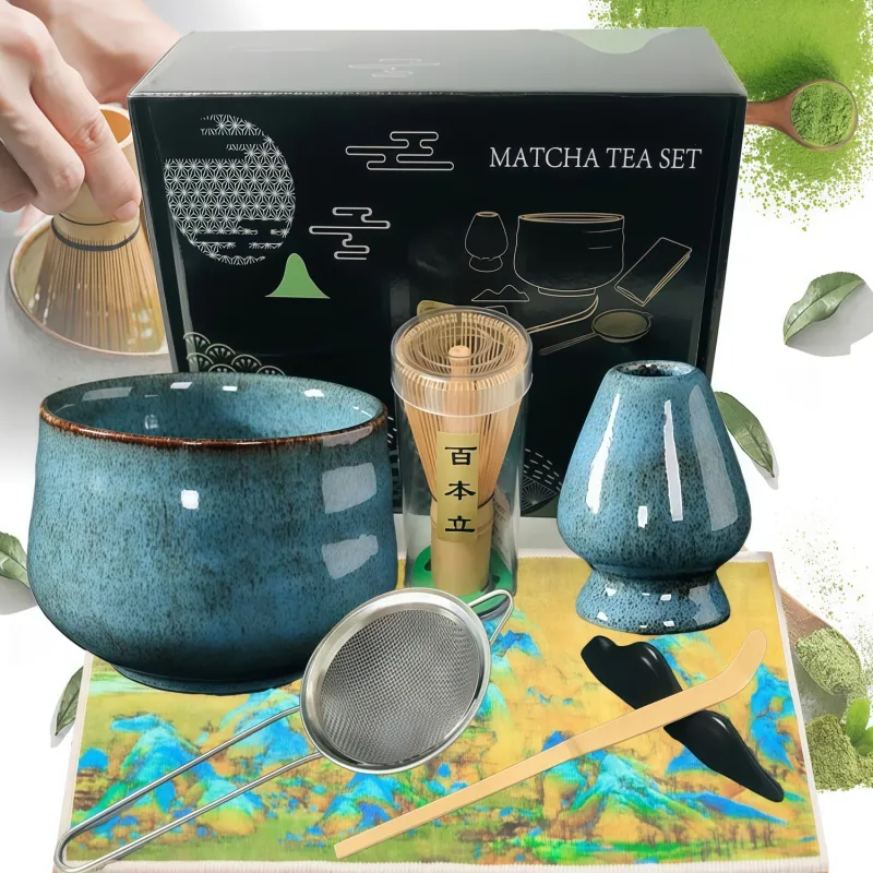 Set pentru Ceai Matcha, EXCITAT®, 7 bucati, Bol pentru Matcha, Suport pentru tel, Lingurita din Bambus, Stand pentru lingurita, Panza de Ceai Din Bumbac, Suport pentru tel Cerami, Sita, decoratiune pentru bucatarie, cadou pentru iubitorii de ceai