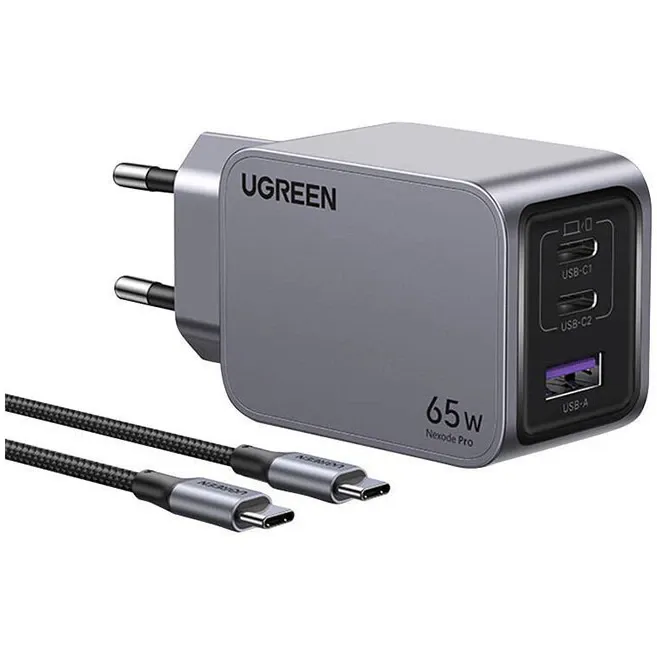 Incarcator retea UGREEN Nexode Pro 65W 3-Port GaN Fast Charger Set EU + Cablu USB-C, 2x USB-C, 1x USB-A, Negru