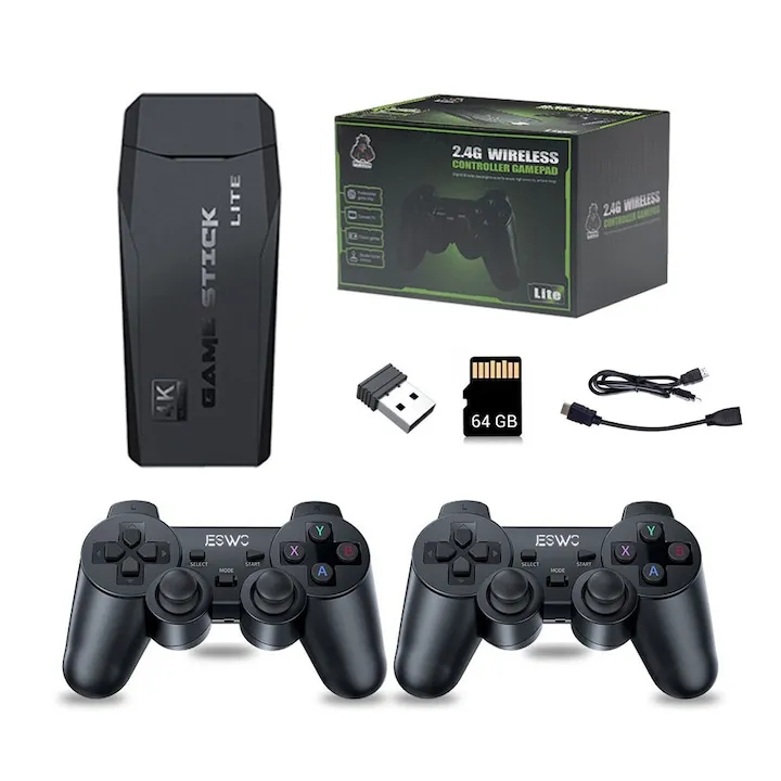 Consola de jocuri retro, JESWO®, peste 25000 de jocuri incorporate, 2 controlere wireless 2.4G, 64GB, iesire HDMI, Plug & Play, Compatibil TV/Monitor/Proiector, Negru