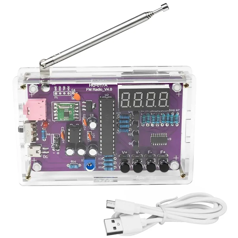 ORBER Kit de asamblare radio, proiect microcontroler DIY, componente de lipit, radio portabil, 87-108 MHz, mod de alimentare duala, mufa de 3, 5 mm, potrivit pentru studenti si incepatori, constructie din acril, 107 × 70 × 23 mm
