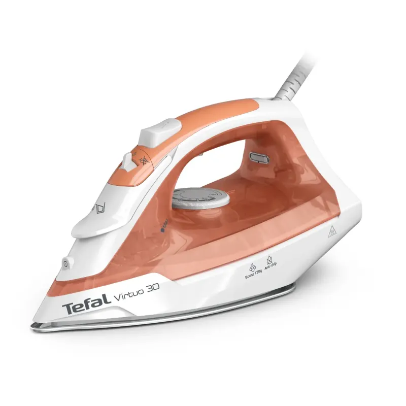 Fier de calcat cu abur Tefal Virtuo FV2C40E0, 120 g/min, 0.24 litri, 2000 W, Alb / Portocaliu