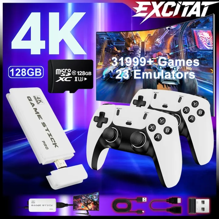 Consola jocuri tip stick, Excitat®, PRO 4K, 2 jucatori, 2 controlere wireless 2.4G, 128GB, 31.999 jocuri integrate, HDMI HD, Plug & Play, Compatibil TV/Monitor/Proiector, Alb